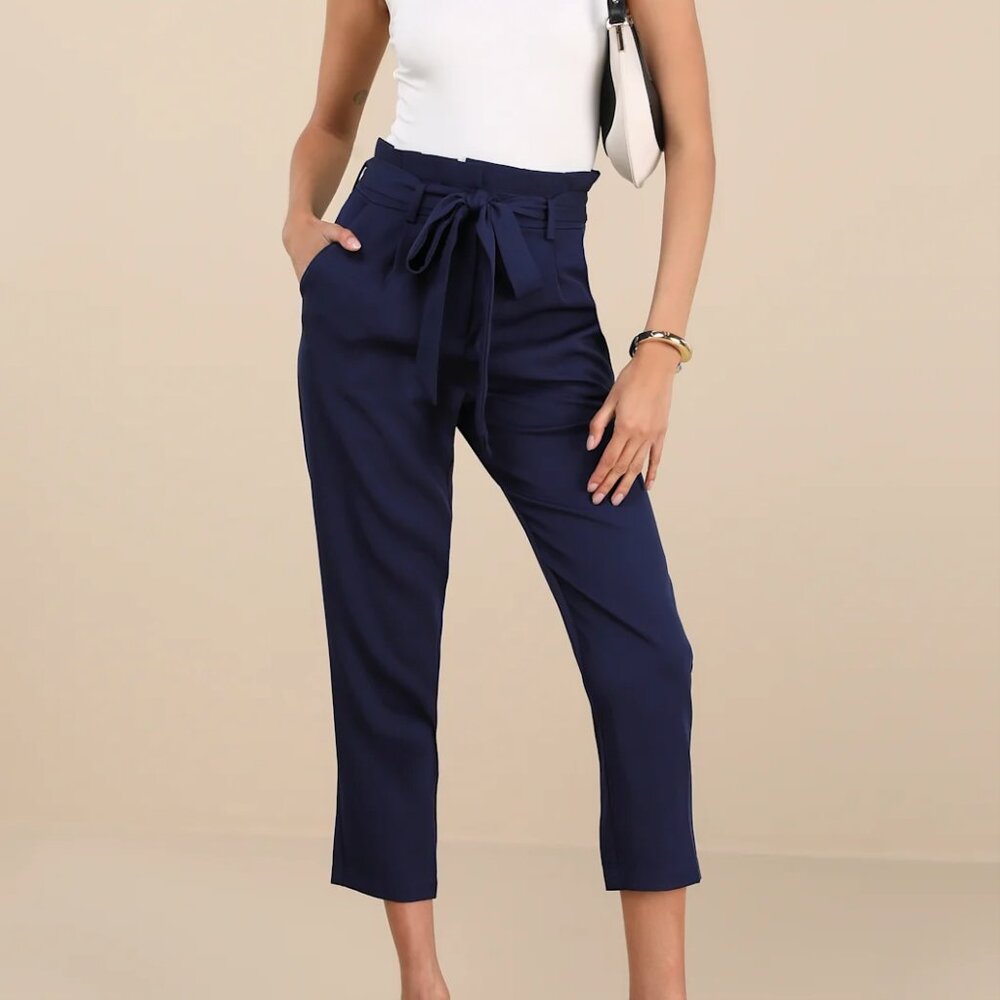 Navy Blue Paper Bag Waist Pants
